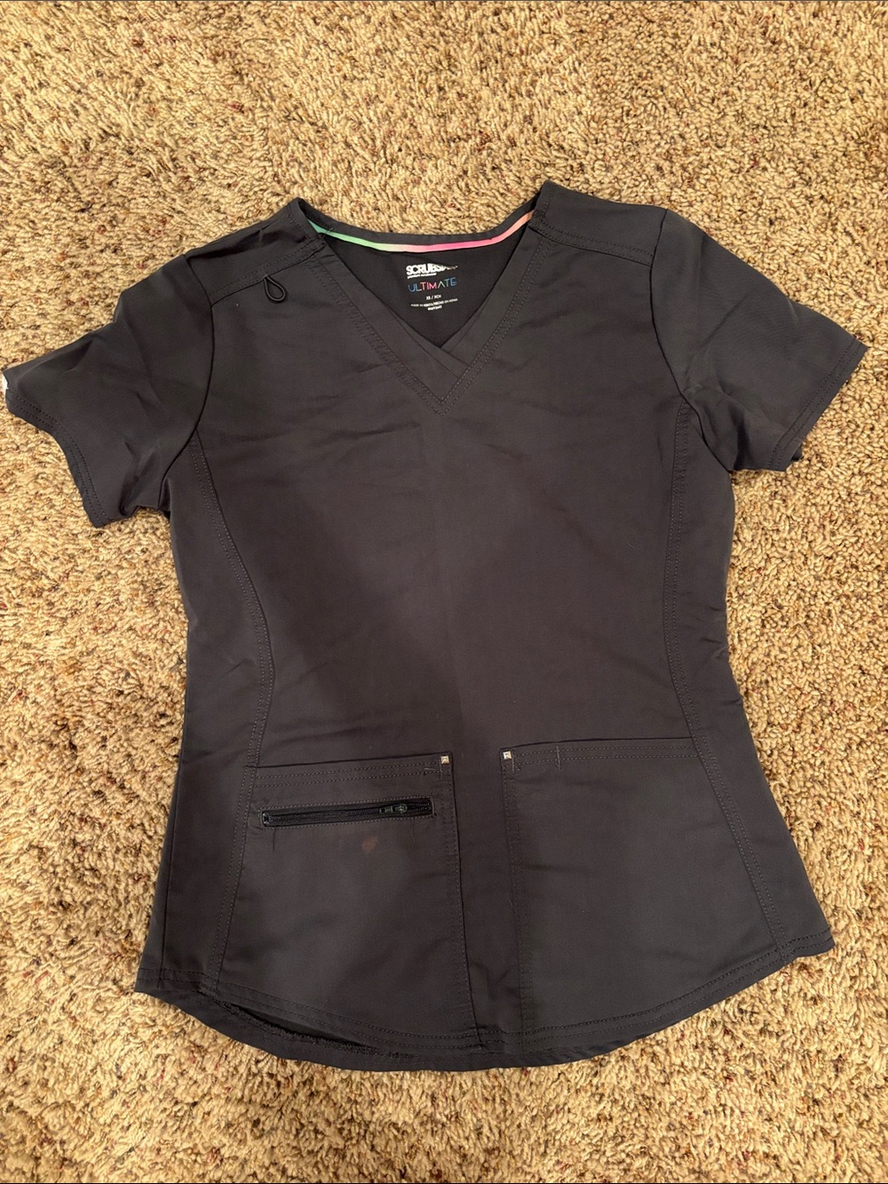 South Pole Women's Short Sleeve V-Neck Scrub Top in Black with Subtle Trim